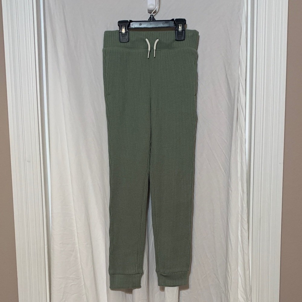 GAP Kids Sage Green Thermal Ribbed Knit Leggings Drawstring Waist & Pockets EUC
